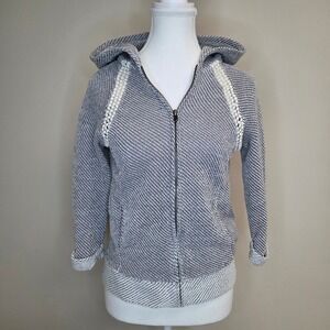 Lucky Brand Lucky Lotus Grey White Textured Knit Crochet Trim Zip Up Hoodie S
